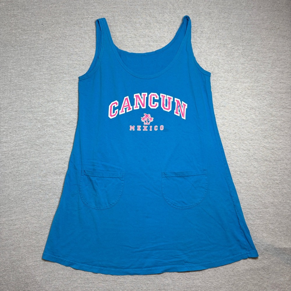 Womens Cancun Mexico Tank Dress Large Blue Beach Cover Up Pockets